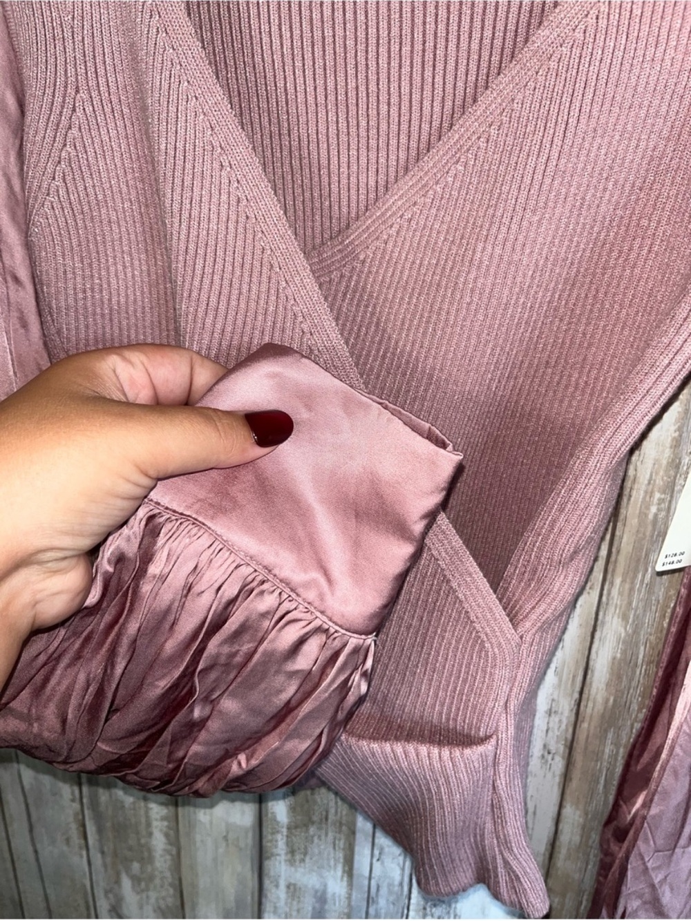Anthropologie Mauve Ribbed Wrap Sweater Satin Puff Sleeve Top S NWT - Picture 5 of 7